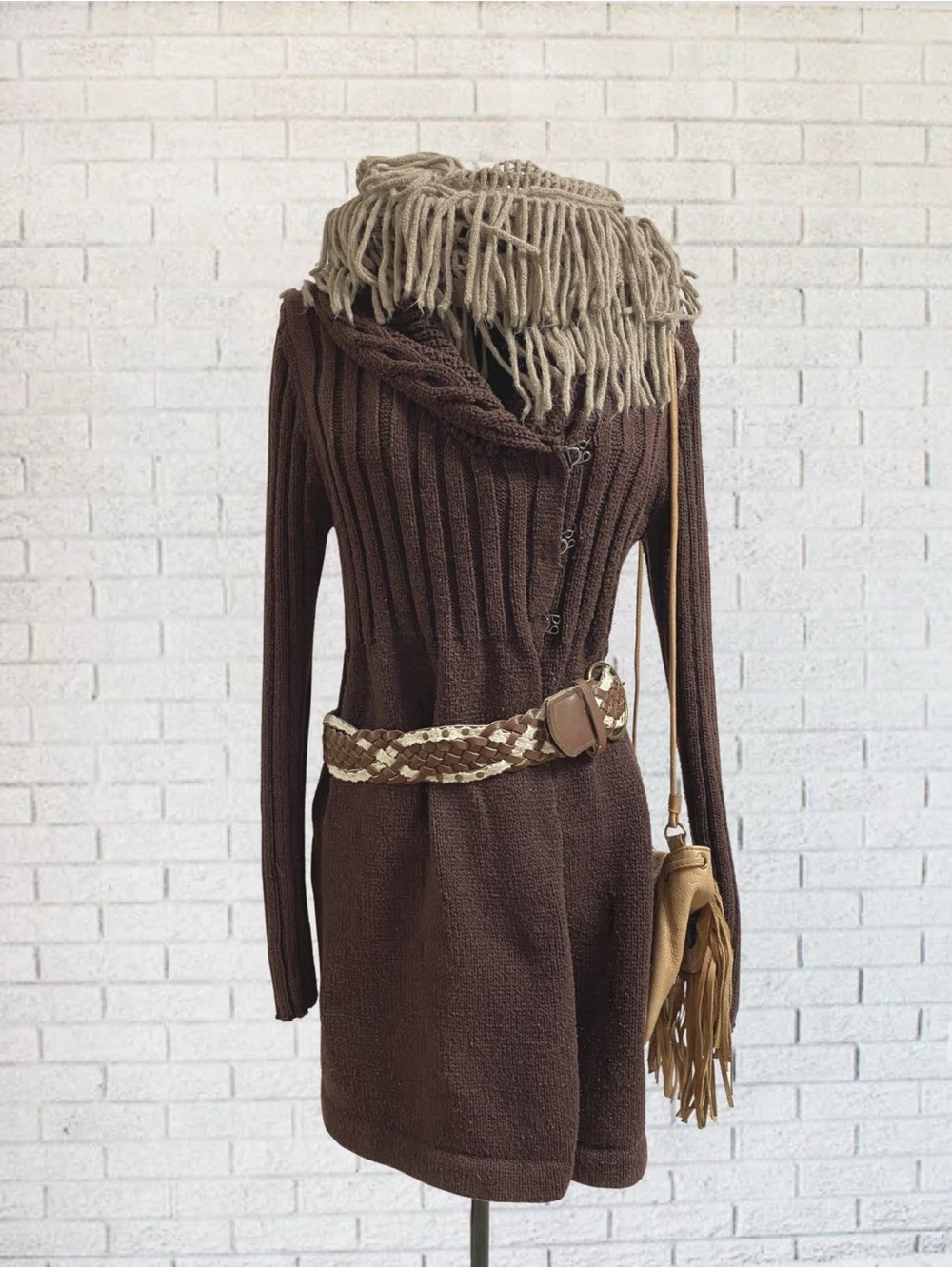 Daisy Fuentes Women's Large Dark Brown Cardigan Dress Sweater Boho Bohemian Cozy